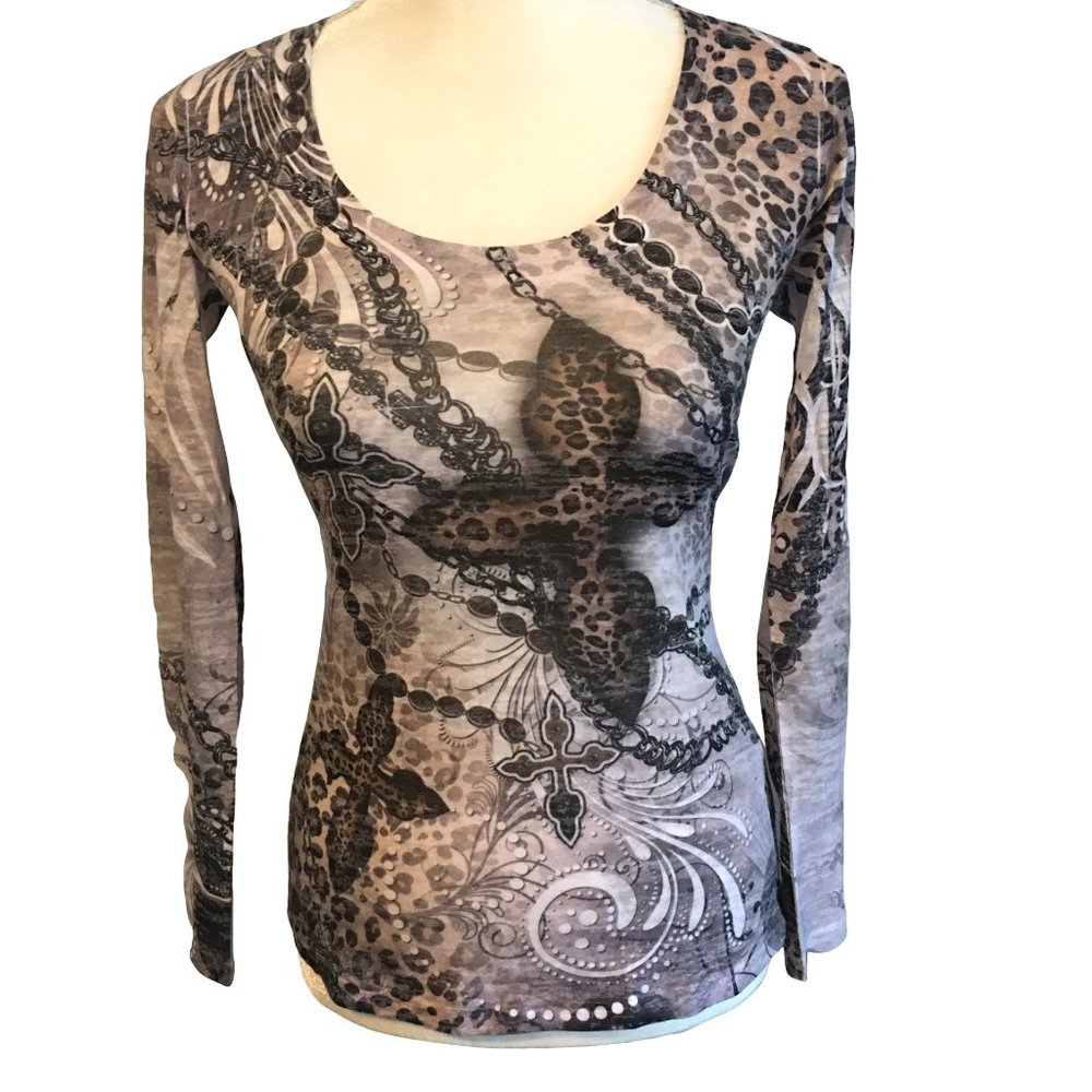 CACHE BURNOUT LEOPARD, CHAIN & CROSS PRINT TOP - S